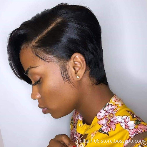 Wholesale 8 Inches Natural Black Short Straight  Brazilian Cuticle Aligned Raw Virgin Hair Pixie Cut Lace Front Wigs